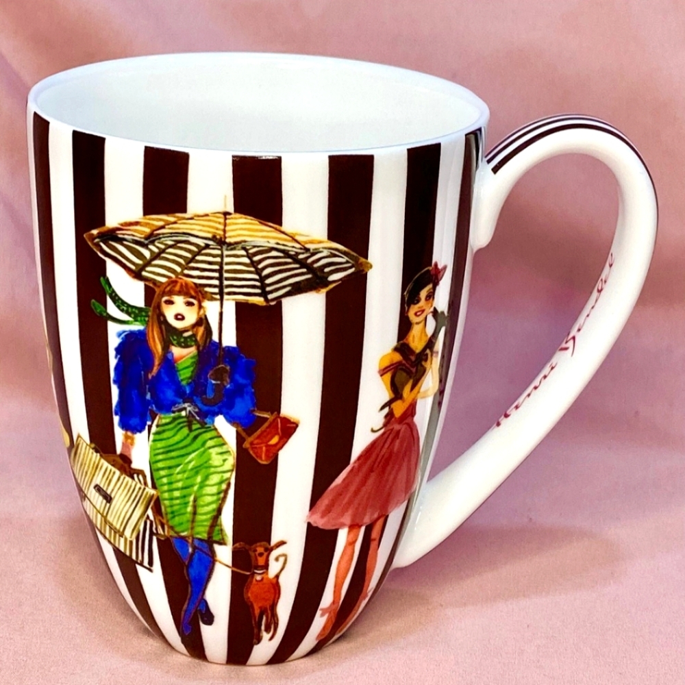 Henri Bendel RARE "Shop Til You Drop"  Bendelgirls Striped Bone China Mug